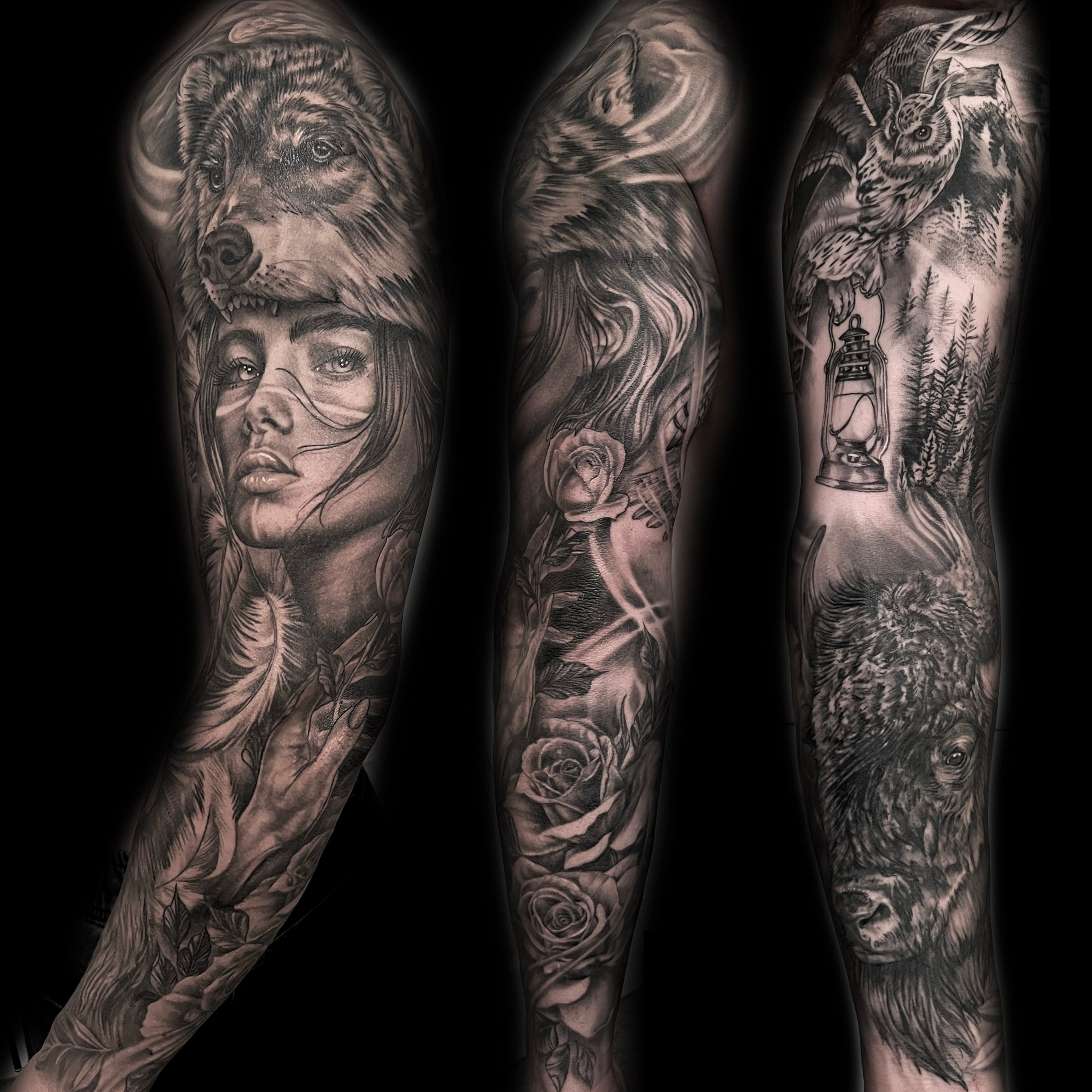 black and grey realism tattoo sleeve in Airdrie Alberta