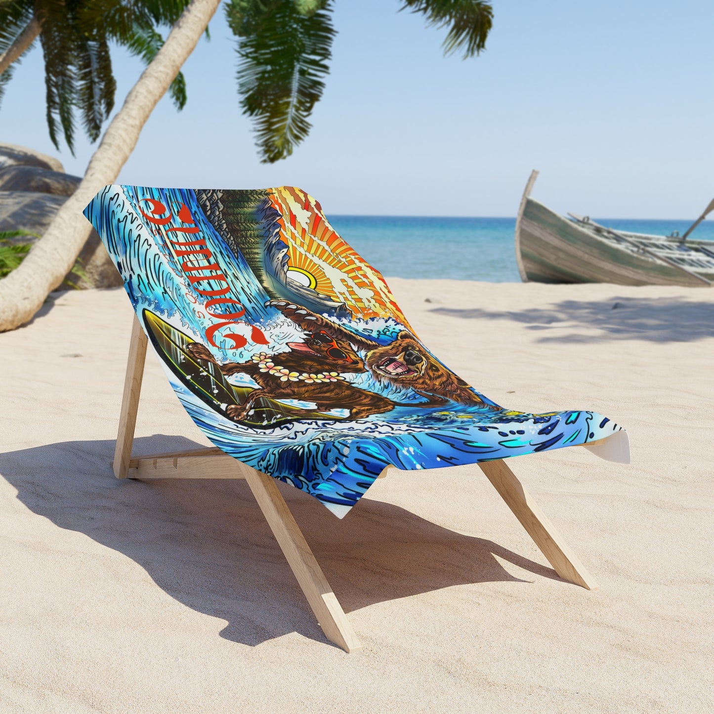 Surfing Dog & Bear Beach Towel — Colorful Coastal Surf Scene
