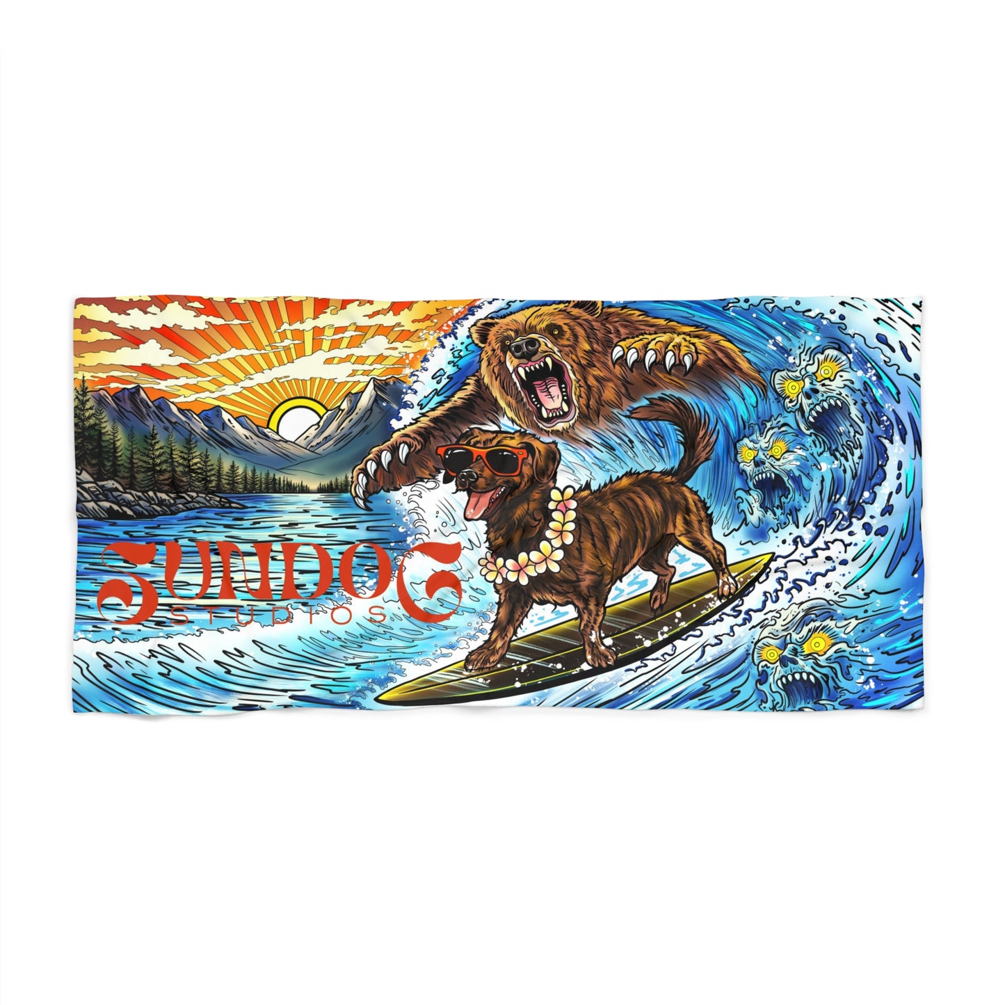 Surfing Dog & Bear Beach Towel — Colorful Coastal Surf Scene