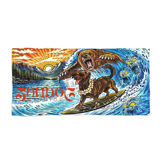 Surfing Dog & Bear Beach Towel — Colorful Coastal Surf Scene