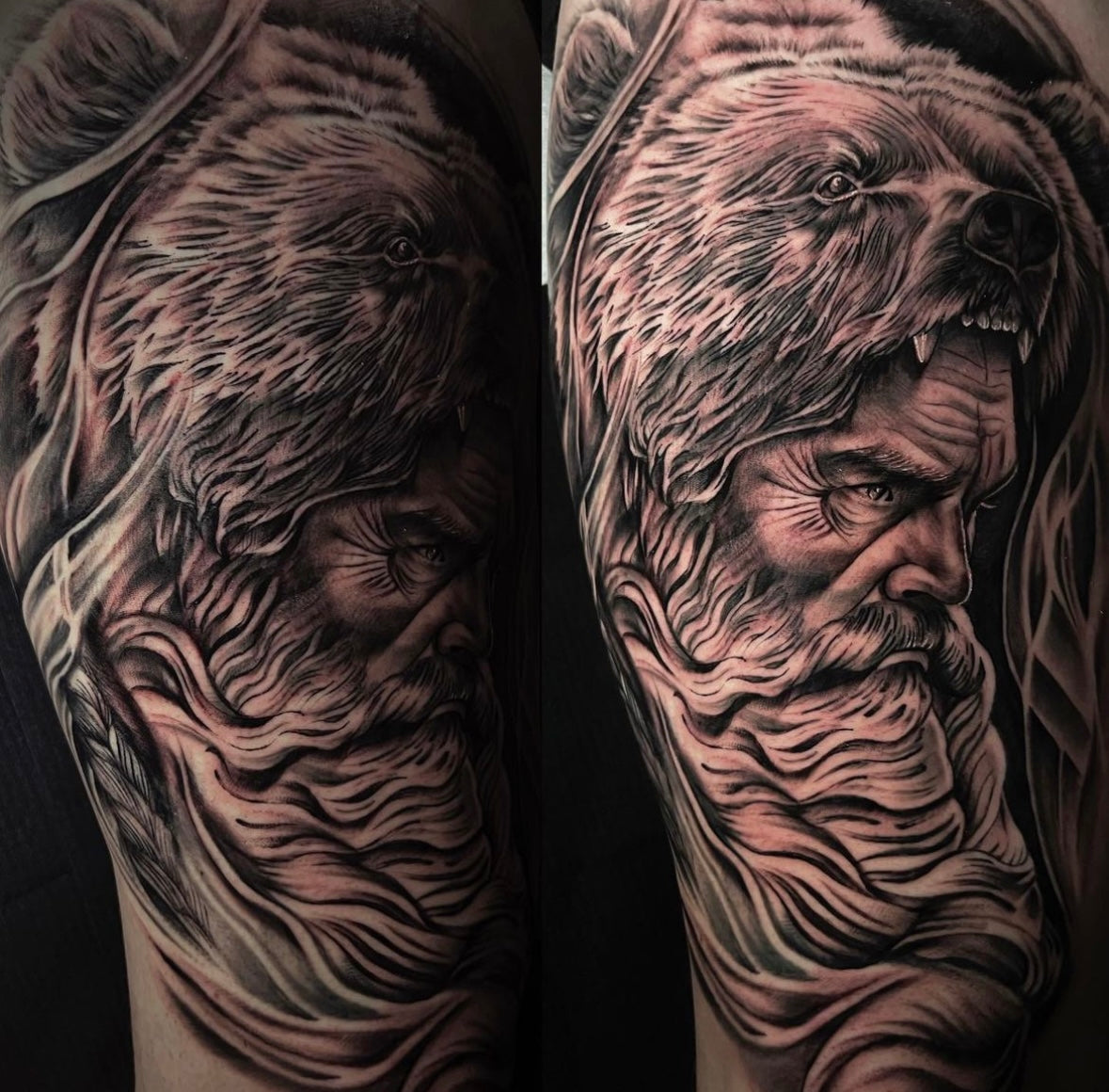 black and grey tattoo of a viking tattooed by artist Yvonne at Sundog Studios Airdrie tattoo shop