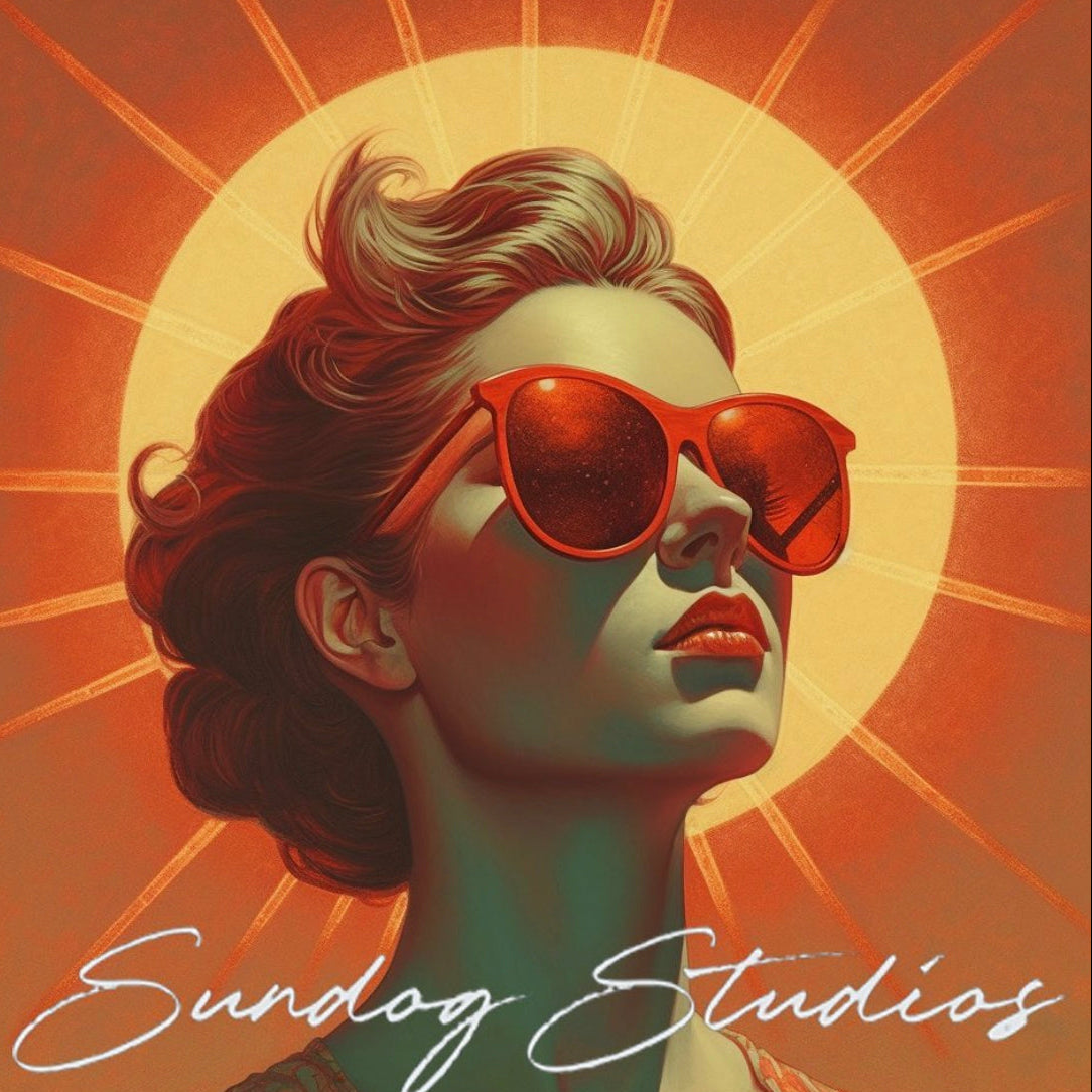 Sundog Studios Airdrie artwork featuring a vintage-inspired woman in orange sunglasses with a radiant sun background