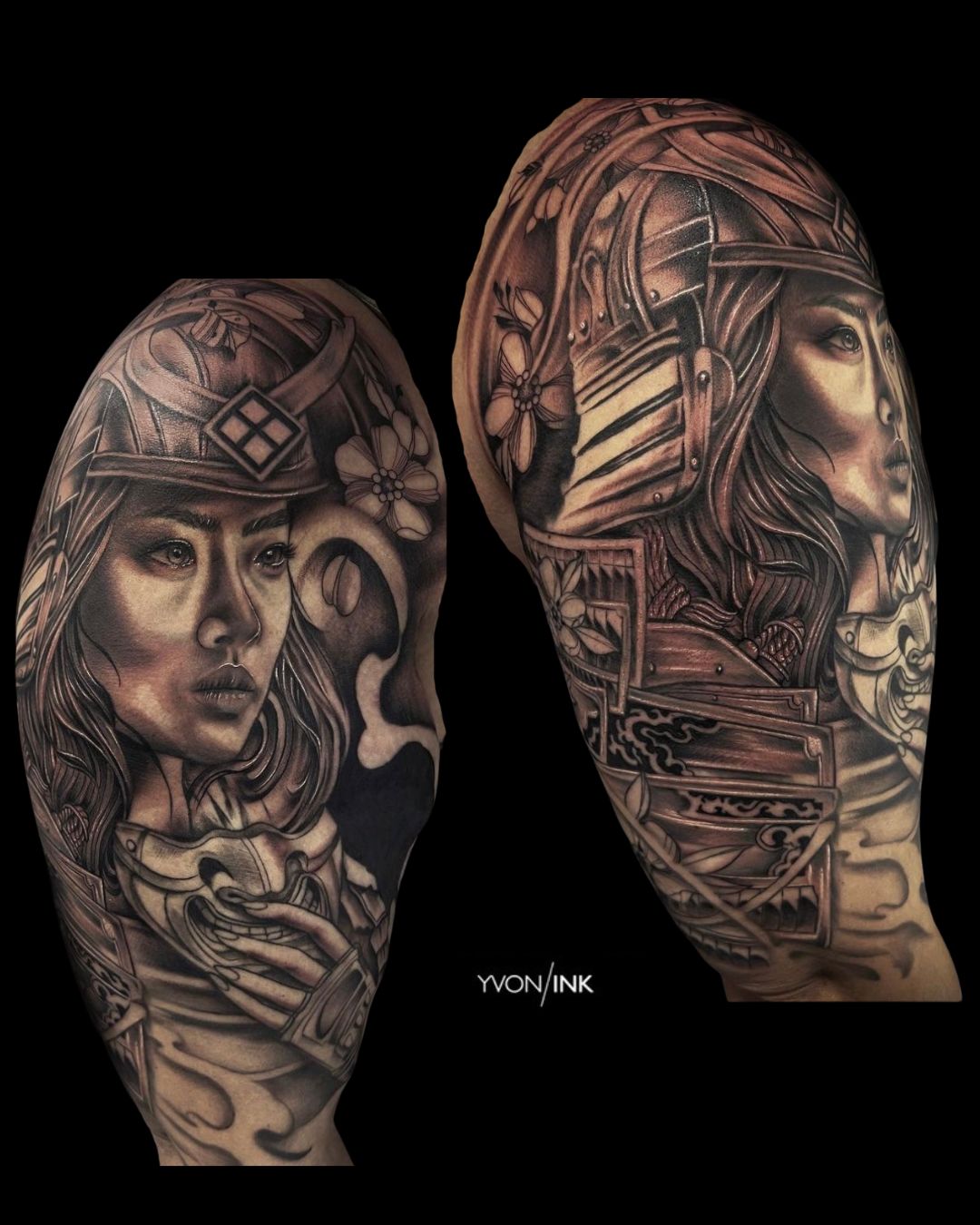 Black and grey realism female samurai warrior sleeve tattoo by Yvon_ink at Sundog Studios in Airdrie Alberta
