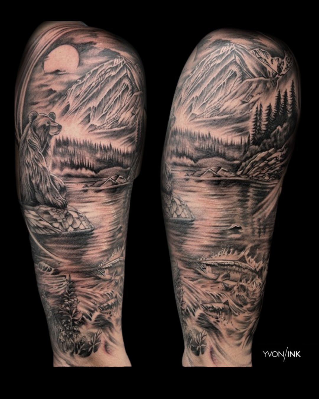 Black and grey mountain landscape sleeve tattoo with bear, lake, and mountains by Yvon_ink at Sundog Studios in Airdrie Alberta