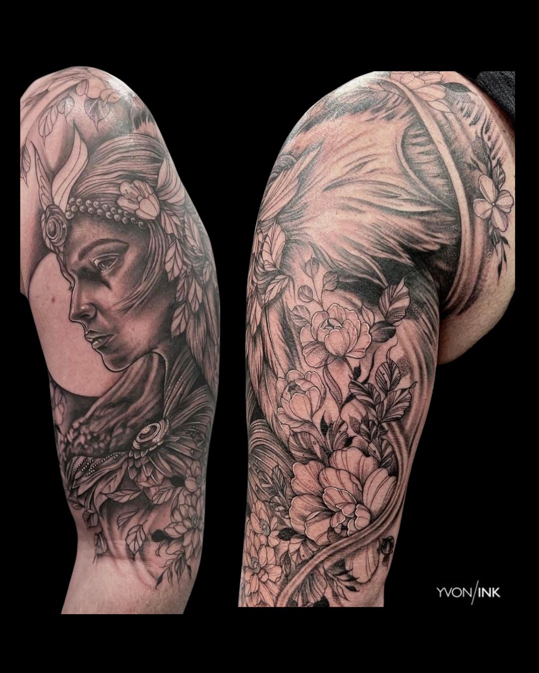 Black and grey realism female portrait sleeve tattoo with flowers by Yvon_ink at Sundog Studios in Airdrie Alberta