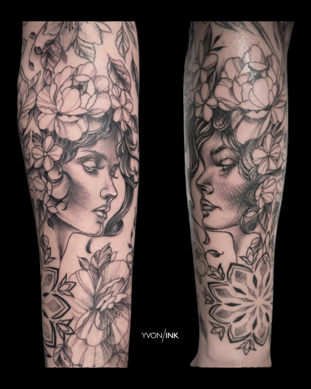 Black and grey realism female portrait forearm tattoo with peonies and flowers and a mandala by Yvon_ink at Sundog Studios in Airdrie Alberta
