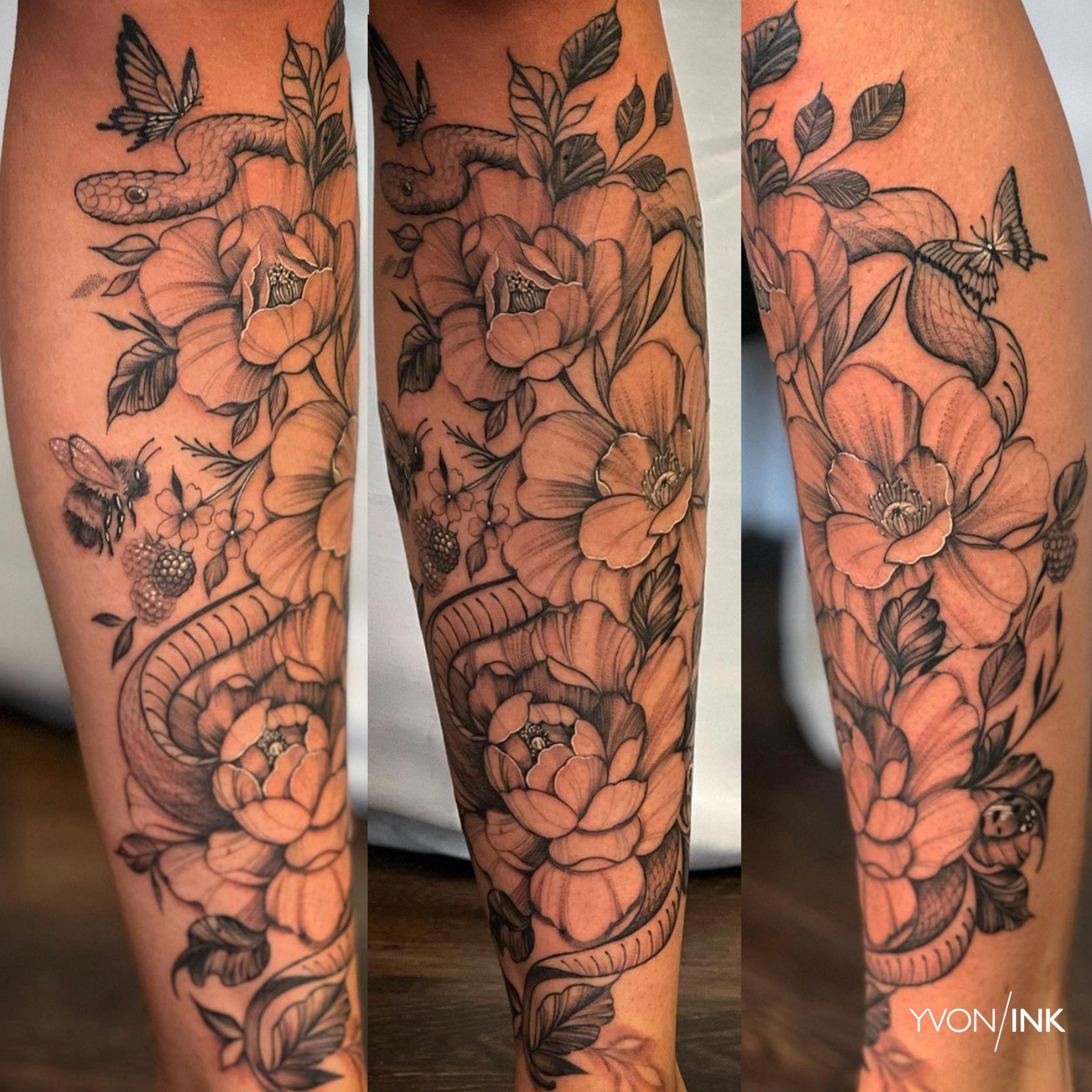 Fine line black and grey botanical tattoo sleeve featuring peonies, leaves, a snake, bees and butterflies, created by a Sundog Studios Tattoo Artist Yvon_ink in Airdrie Alberta