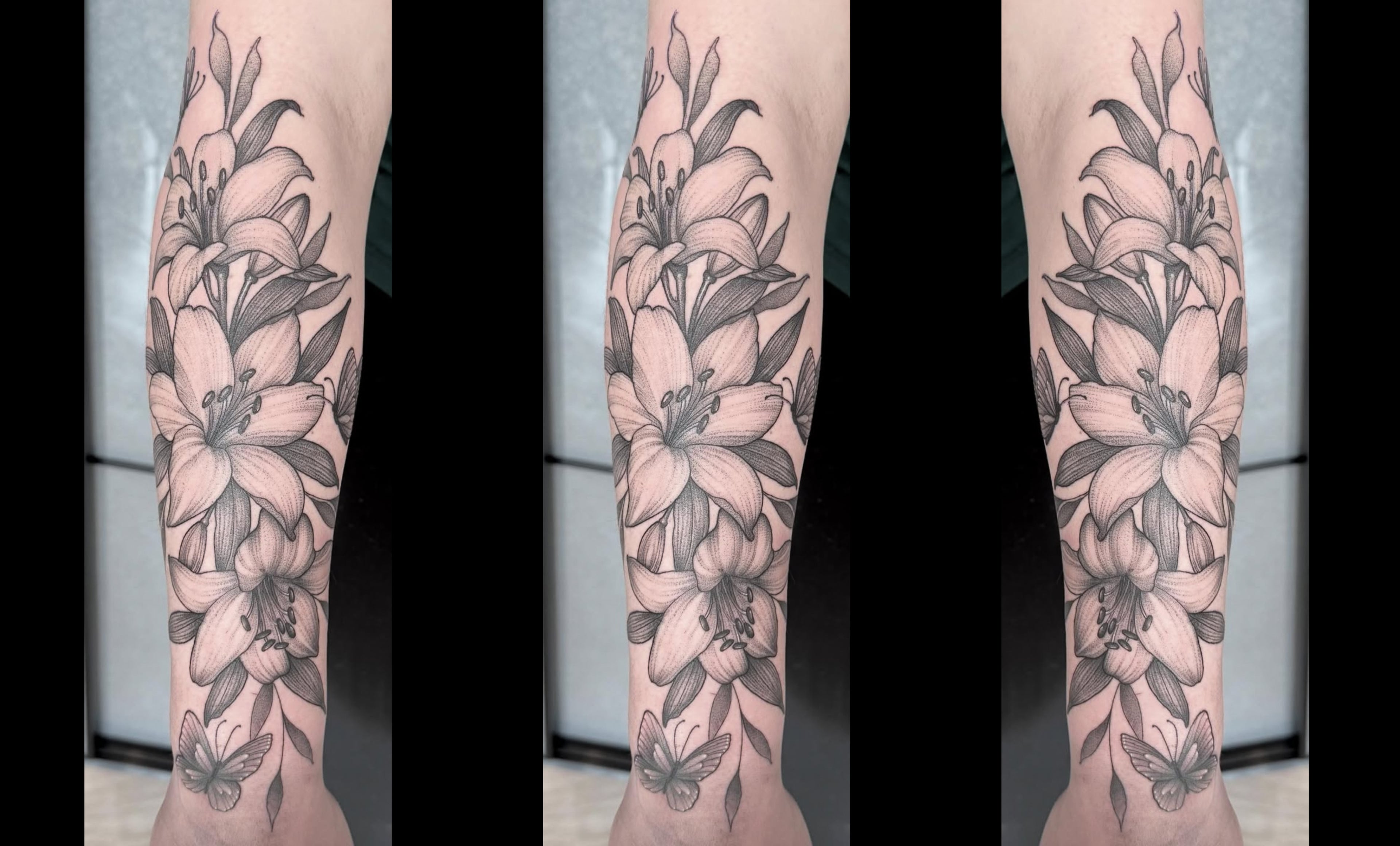 Black and grey floral tattoo sleeve featuring lilies and leaves, created by a Sundog Studios tattoo artist in Airdrie Alberta
