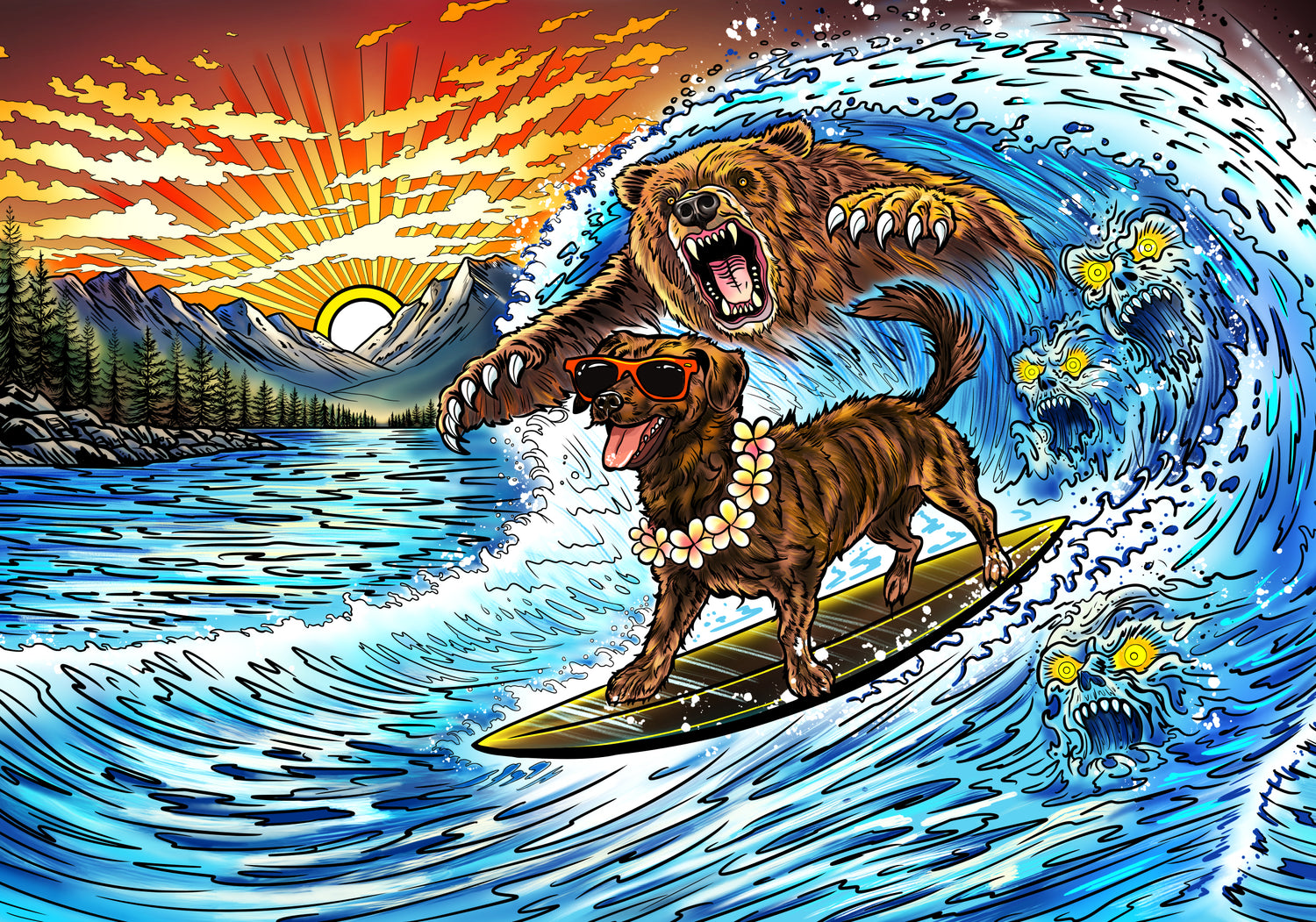 Colourful illustration of a dog surfing a wave with a bear behind it, mountains and sunrise in the background