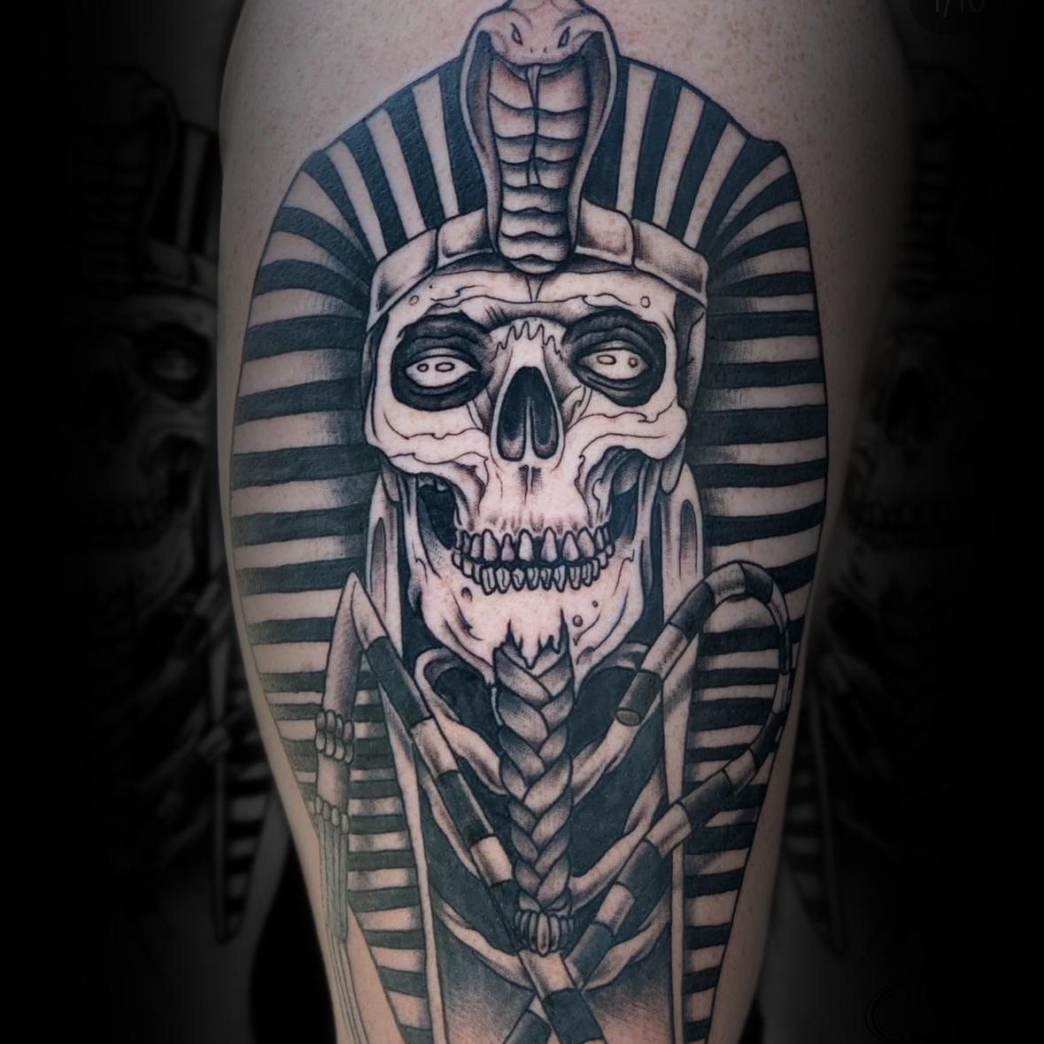 Tattoo of an Egyptian pharaoh skull design on a person's arm by Dominic, tattoo artist at Sundog Studios in Airdrie Alberta