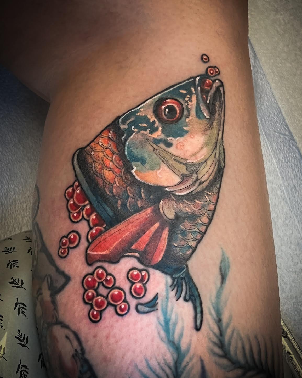 A close-up of a tattoo on human skin depicting a detailed fish with red berries and blue-green water plants, shown on a person's calf.