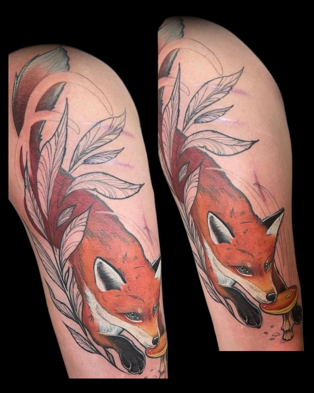 Tattoo of a fox with leafy designs on a person's arm by Channy, tattoo artist at Sundog Studios in Airdrie Alberta