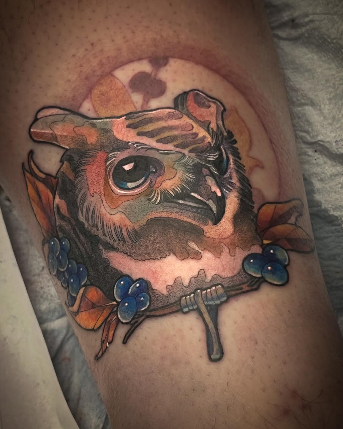 A close-up of a freshly tattooed forearm featuring a detailed owl design with blue berries, orange leaves, and a rustic branch, set against a gray fabric background.