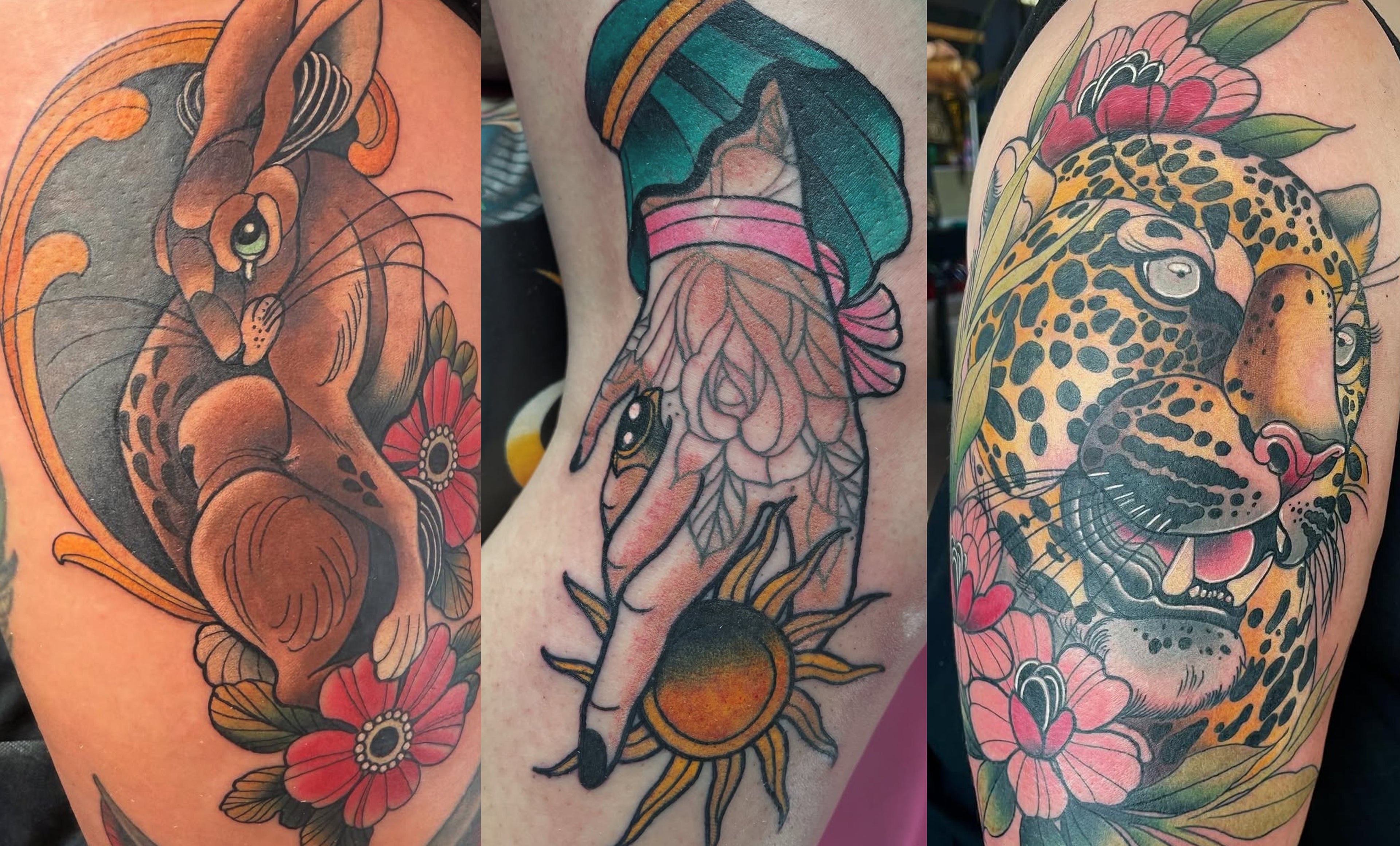 Color neo-traditional tattoos featuring a rabbit with flowers, a hand holding a sun, and a leopard with floral elements, created by a Sundog Studios Tattoo Artist in Airdrie Alberta