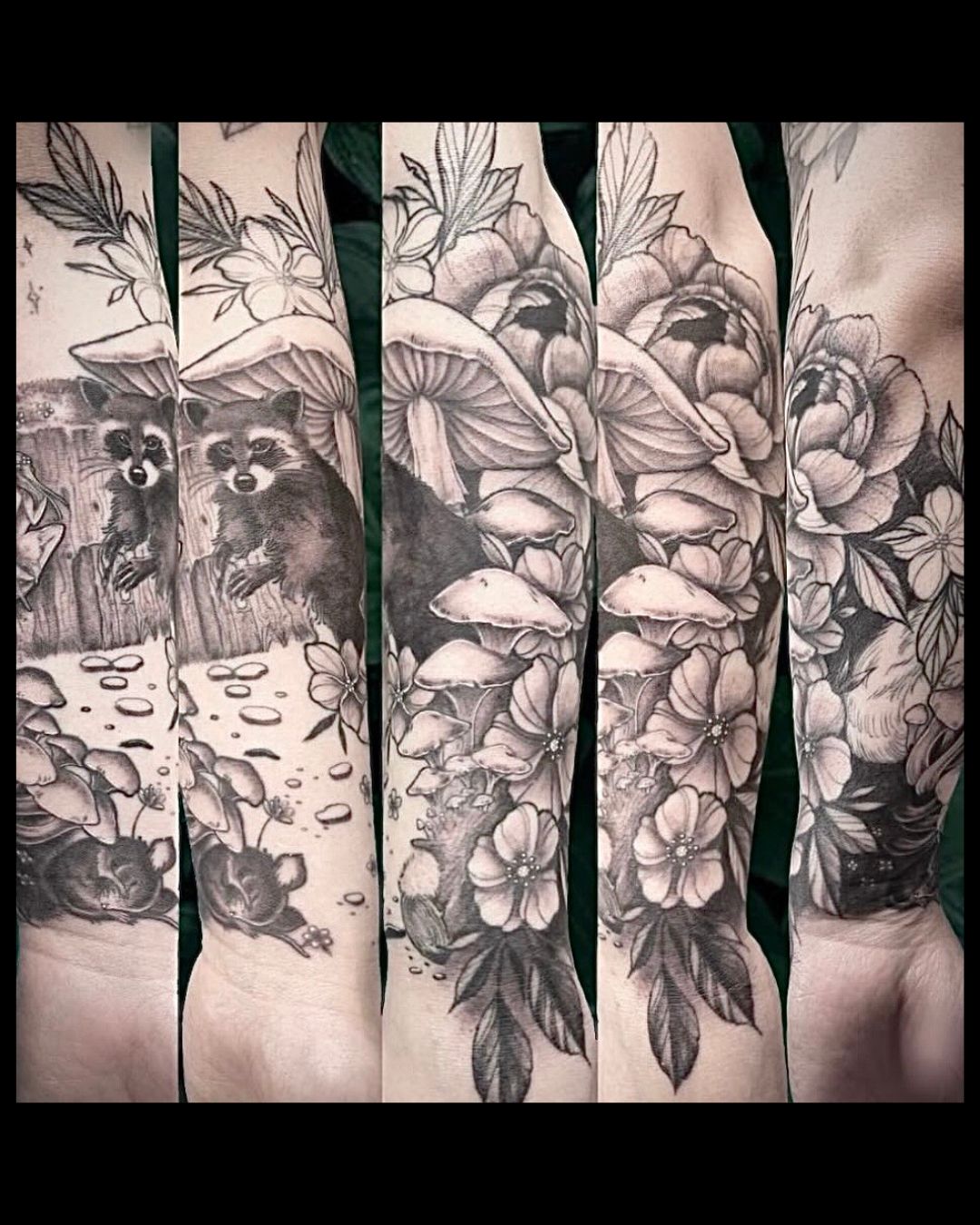 Full sleeve tattoo with raccoon and nature elements on a person's arm, by Channy, tattoo artist at Sundog Studios in Airdrie Alberta