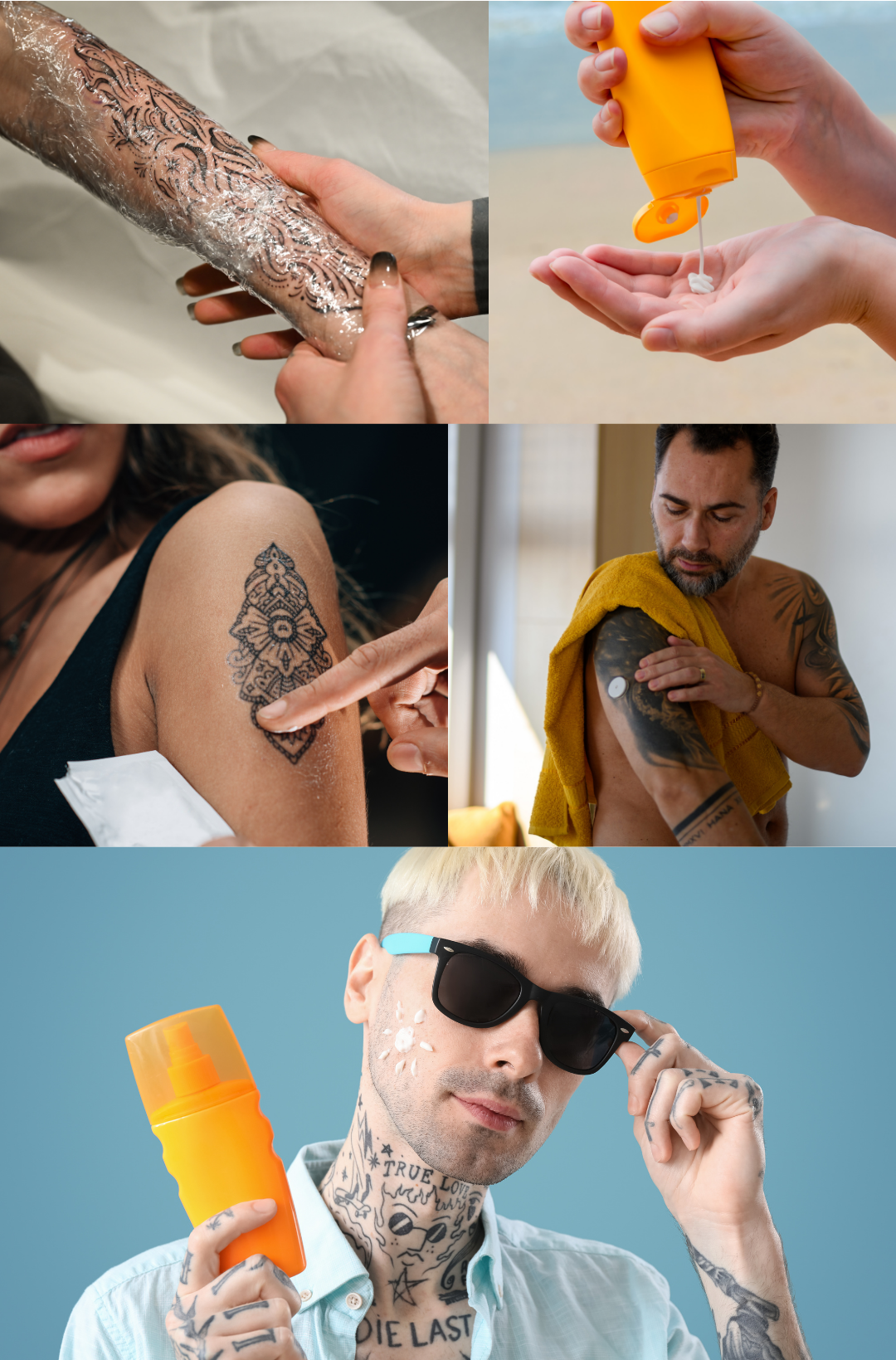 Collage of people with tattoos using a sunscreen for aftercare and long term care after having a tatttoo session at Sundog Studios in Airdrie, Alberta