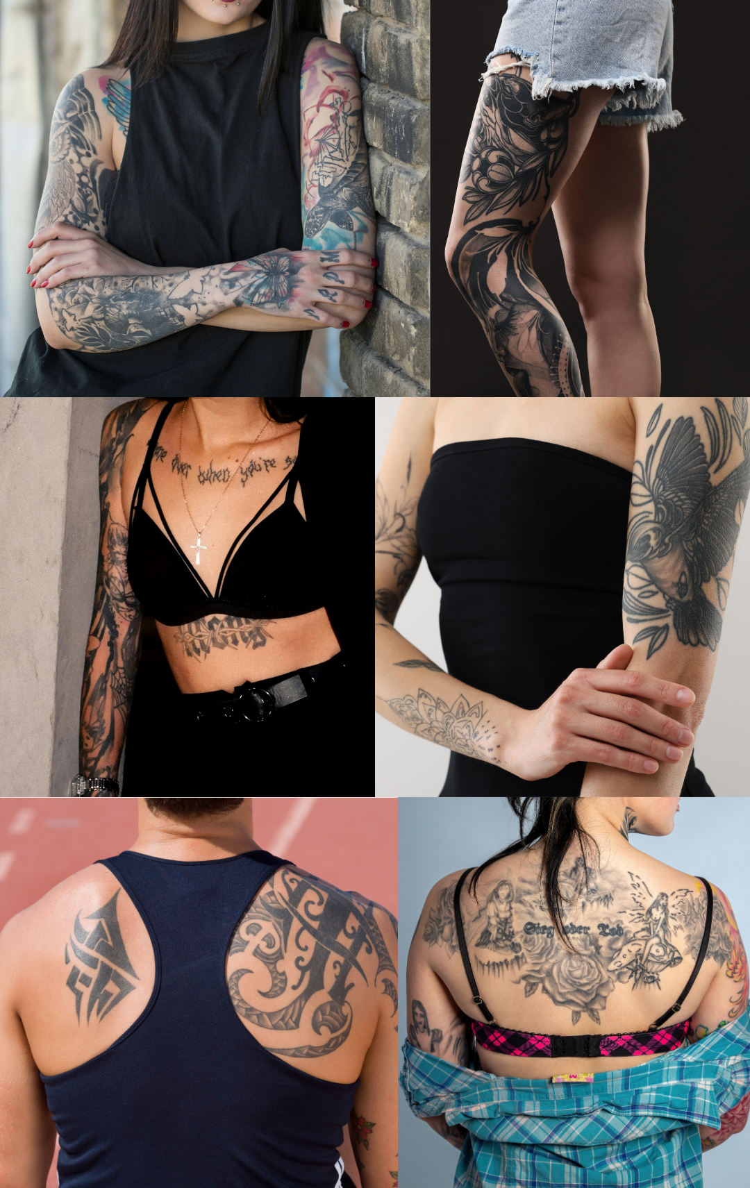 collage of photos of different clothing on what to wear during tattoo sessions at the tattoo shop in Airdrie Alberta, Sundog Studios