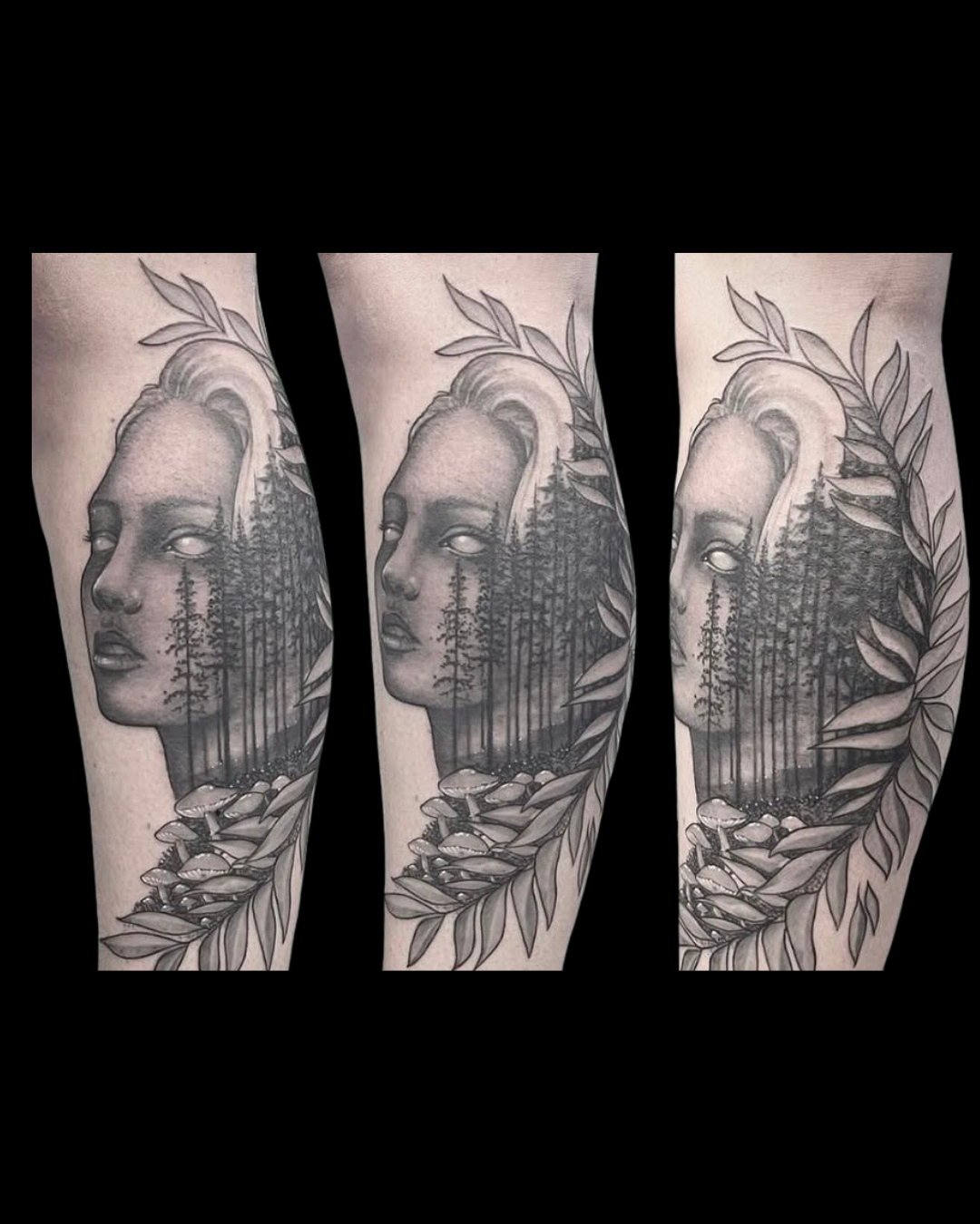 Tattoo design on a person's arm featuring a face, forest, and mushrooms by Channy, tattoo artist at Sundog Studios in Airdrie Alberta