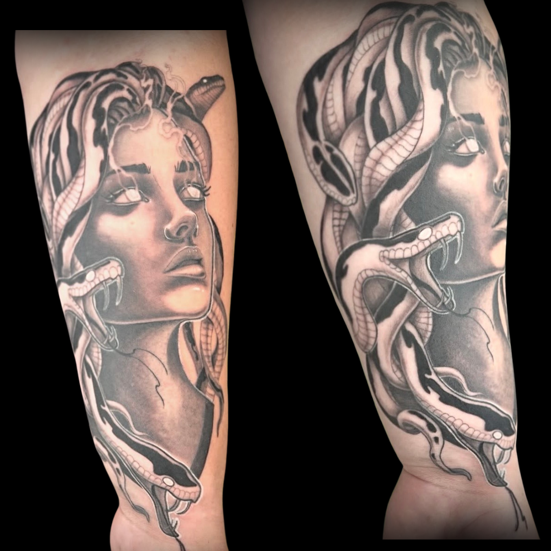 Realism Tattoo of a woman's face with snakes on her head, by Channy, tattoo artist at Sundog Studios in Airdrie Alberta